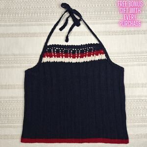 Prince & Fox Navy Red Sweater Tank Top Size XL New Knit Ribbed Halter USA Look
